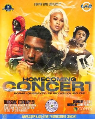 Homecoming Concert on Thursday, February 20, 2025. Featuring Rob49, Queen Key, KP Skywalka, and Bc tae. Doors open at 7 p.m., showtime is 8 p.m. On site parking is $7.